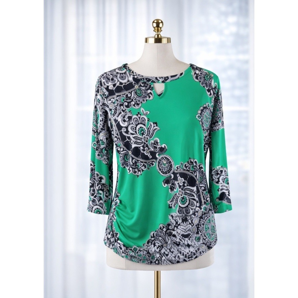 Chicos Top Popover Green Black Helena Floral Keyhole Neck Ruched Sides Size 0 XS